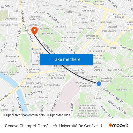 Genève-Champel, Gare/Peschier to Université De Genève - Uni-Dufour map