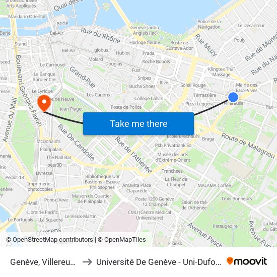 Genève, Villereuse to Université De Genève - Uni-Dufour map