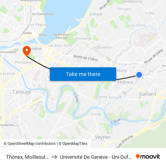 Thônex, Moillesulaz to Université De Genève - Uni-Dufour map