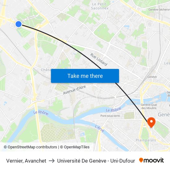 Vernier, Avanchet to Université De Genève - Uni-Dufour map