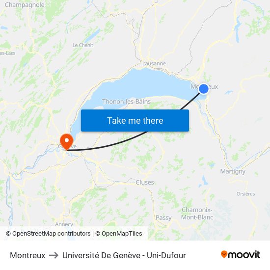 Montreux to Université De Genève - Uni-Dufour map