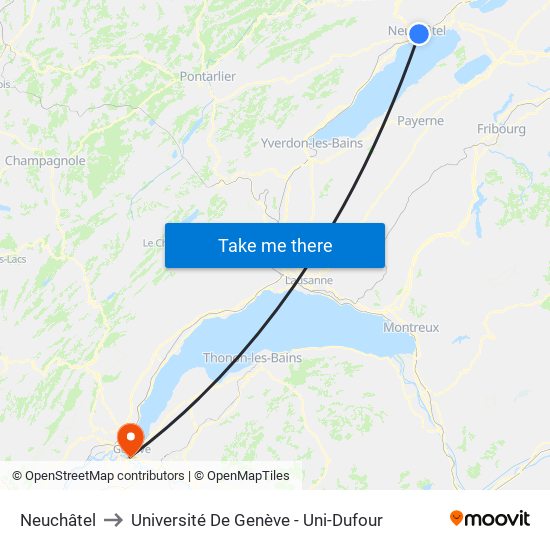 Neuchâtel to Université De Genève - Uni-Dufour map