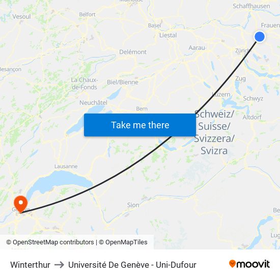 Winterthur to Université De Genève - Uni-Dufour map