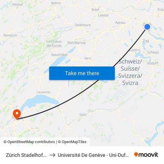 Zürich Stadelhofen to Université De Genève - Uni-Dufour map