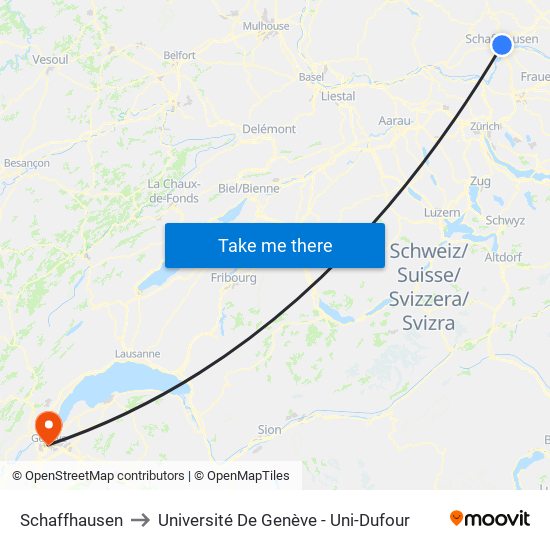 Schaffhausen to Université De Genève - Uni-Dufour map