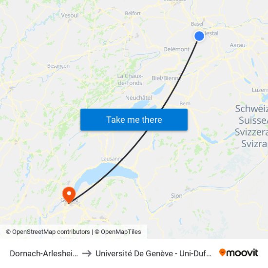 Dornach-Arlesheim to Université De Genève - Uni-Dufour map