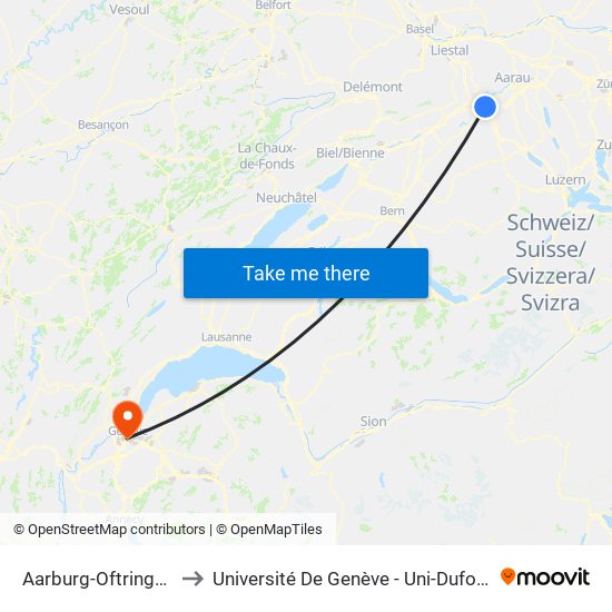 Aarburg-Oftringen to Université De Genève - Uni-Dufour map