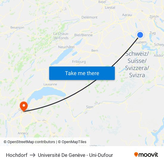 Hochdorf to Université De Genève - Uni-Dufour map