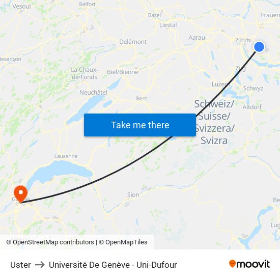 Uster to Université De Genève - Uni-Dufour map