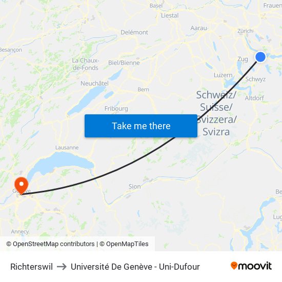 Richterswil to Université De Genève - Uni-Dufour map