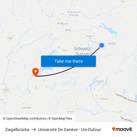 Ziegelbrücke to Université De Genève - Uni-Dufour map