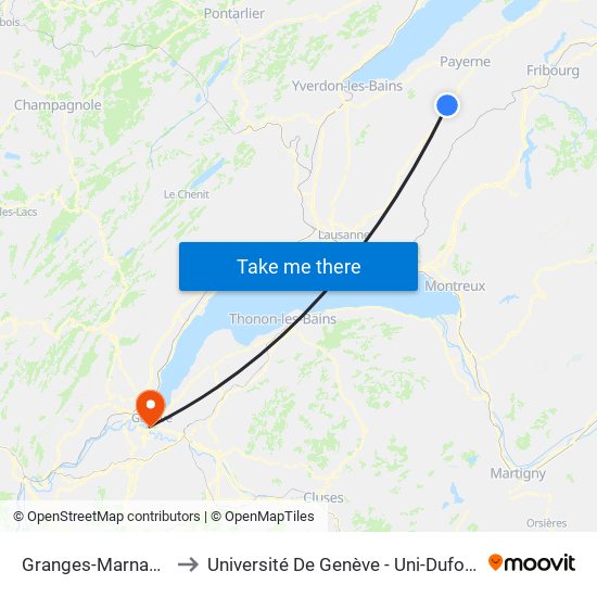Granges-Marnand to Université De Genève - Uni-Dufour map