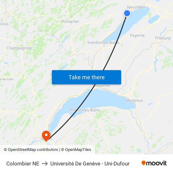 Colombier NE to Université De Genève - Uni-Dufour map