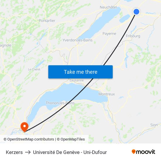 Kerzers to Université De Genève - Uni-Dufour map