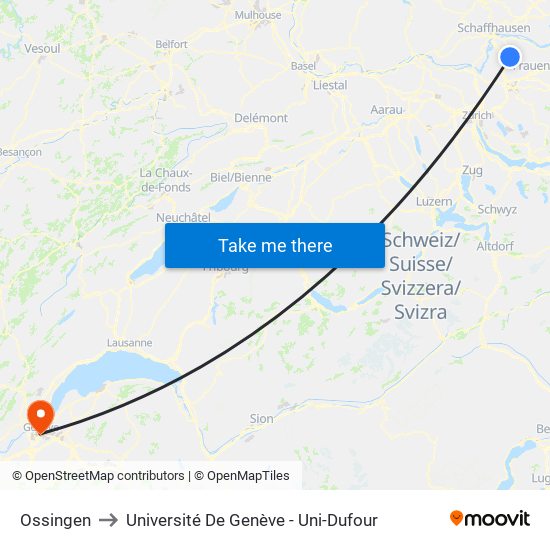 Ossingen to Université De Genève - Uni-Dufour map