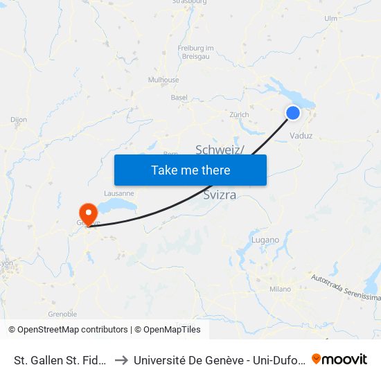 St. Gallen St. Fiden to Université De Genève - Uni-Dufour map