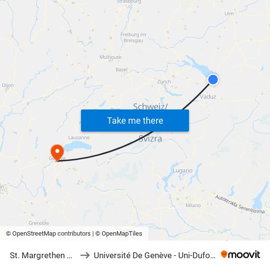 St. Margrethen Sg to Université De Genève - Uni-Dufour map
