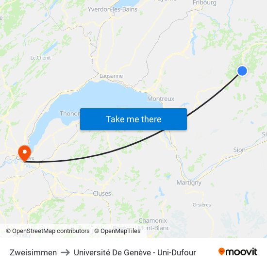 Zweisimmen to Université De Genève - Uni-Dufour map