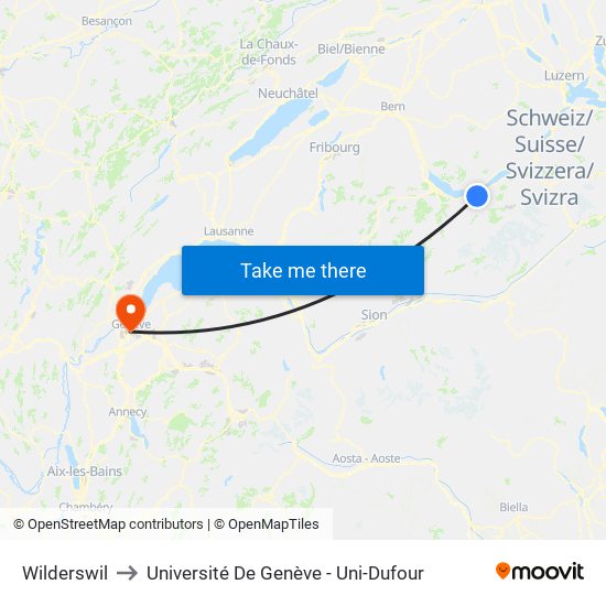 Wilderswil to Université De Genève - Uni-Dufour map