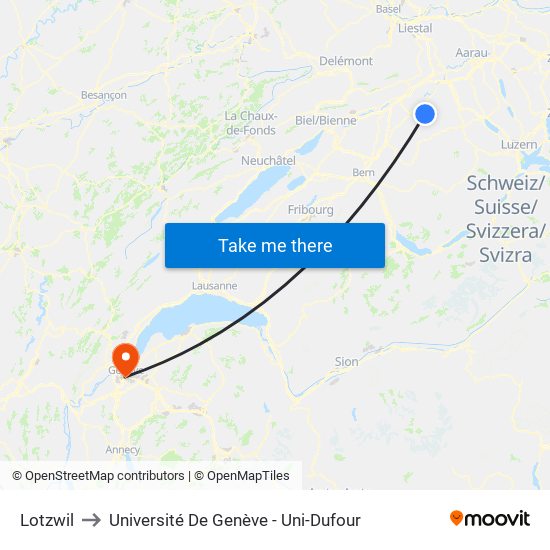 Lotzwil to Université De Genève - Uni-Dufour map