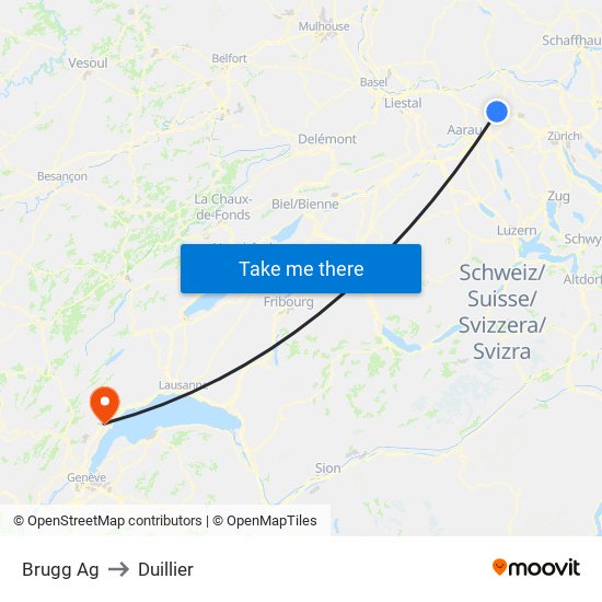 Brugg Ag to Duillier map