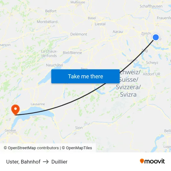 Uster, Bahnhof to Duillier map