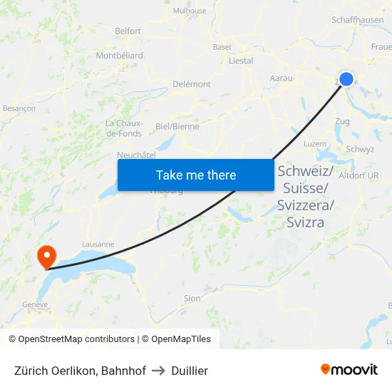 Zürich Oerlikon, Bahnhof to Duillier map