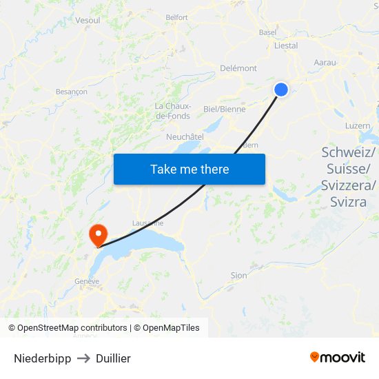 Niederbipp to Duillier map