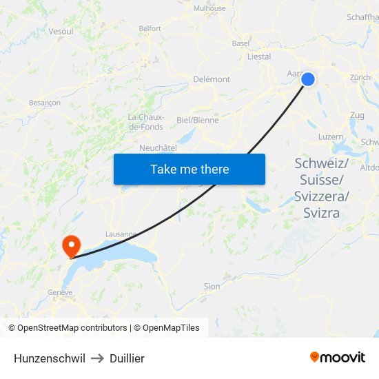 Hunzenschwil to Duillier map