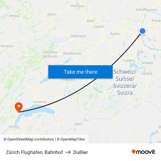 Zürich Flughafen, Bahnhof to Duillier map