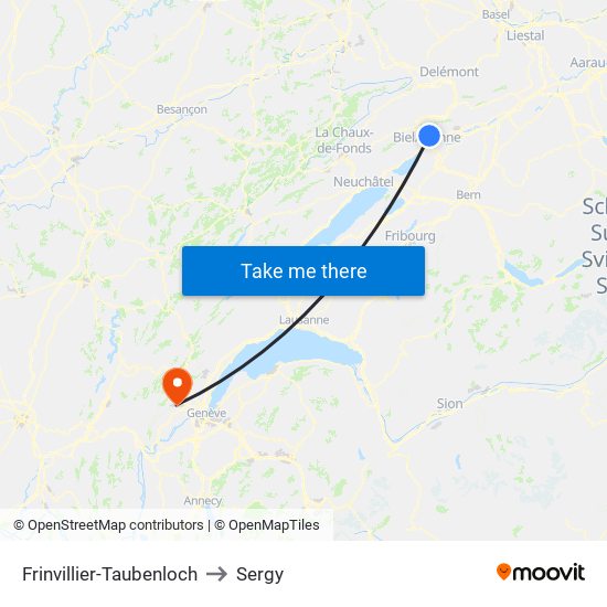 Frinvillier-Taubenloch to Sergy map
