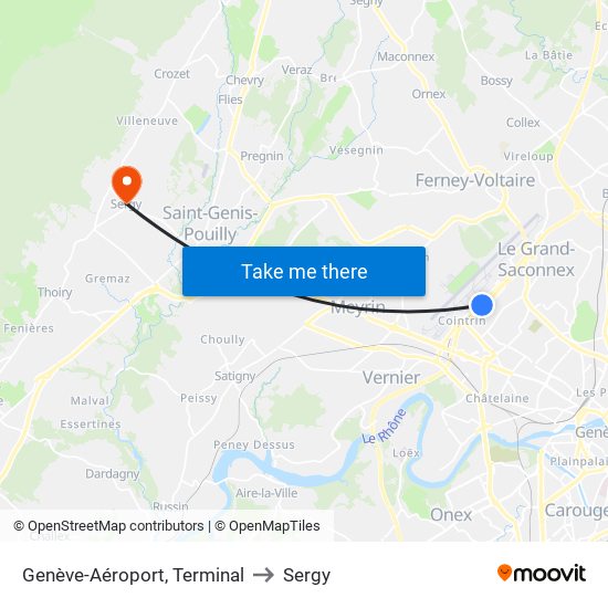 Genève-Aéroport, Terminal to Sergy map