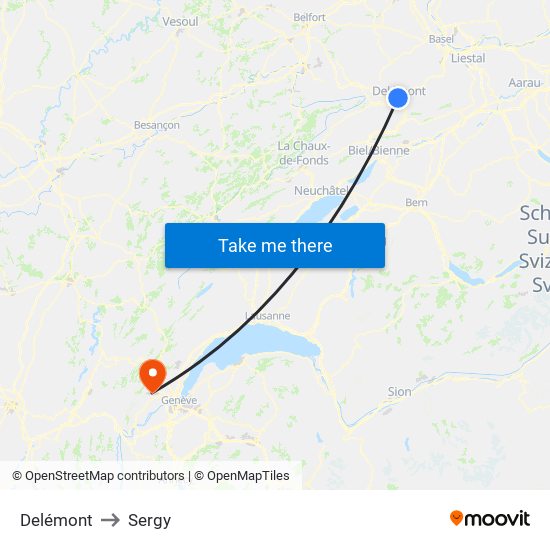 Delémont to Sergy map