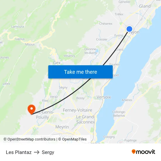 Les Plantaz to Sergy map