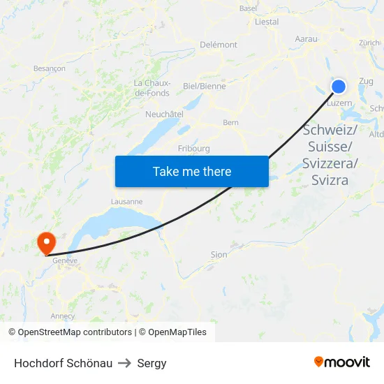 Hochdorf Schönau to Sergy map