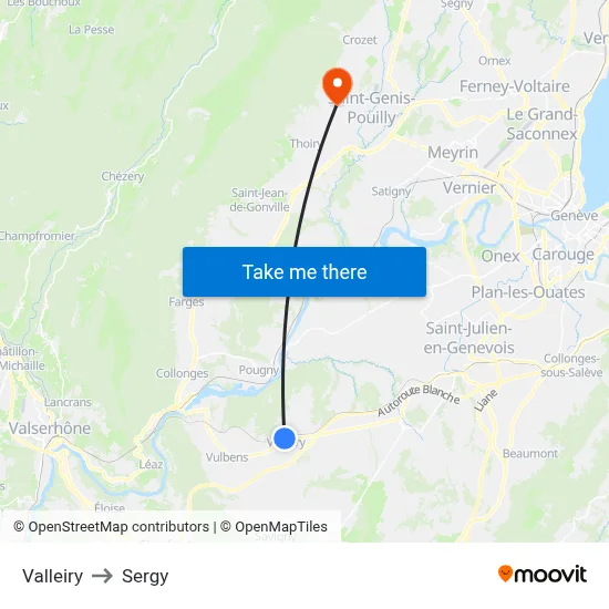 Valleiry to Sergy map