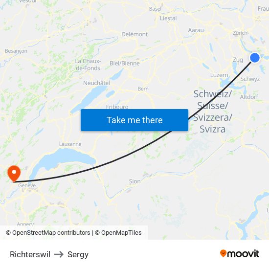 Richterswil to Sergy map