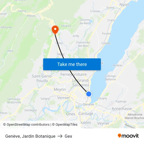 Genève, Jardin Botanique to Gex map