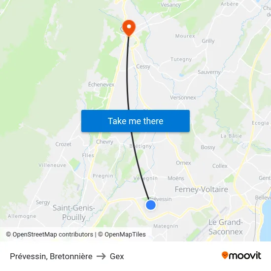 Prévessin, Bretonnière to Gex map