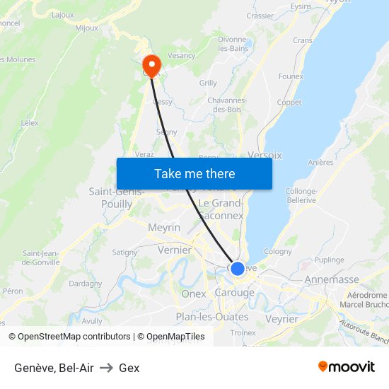 Genève, Bel-Air to Gex map