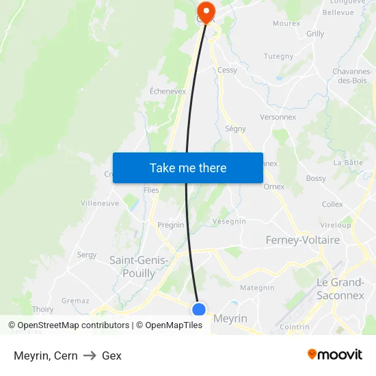 Meyrin, Cern to Gex map