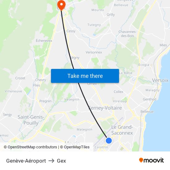 Genève-Aéroport to Gex map