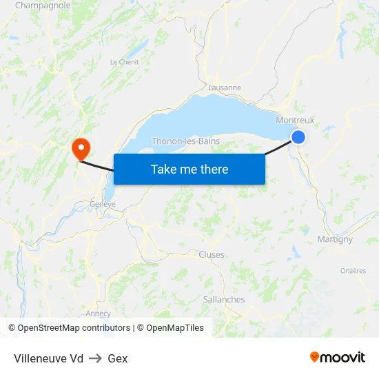 Villeneuve Vd to Gex map