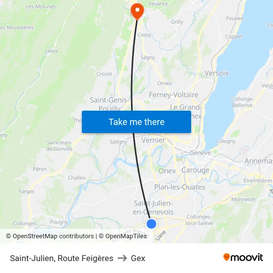 Saint-Julien, Route Feigères to Gex map