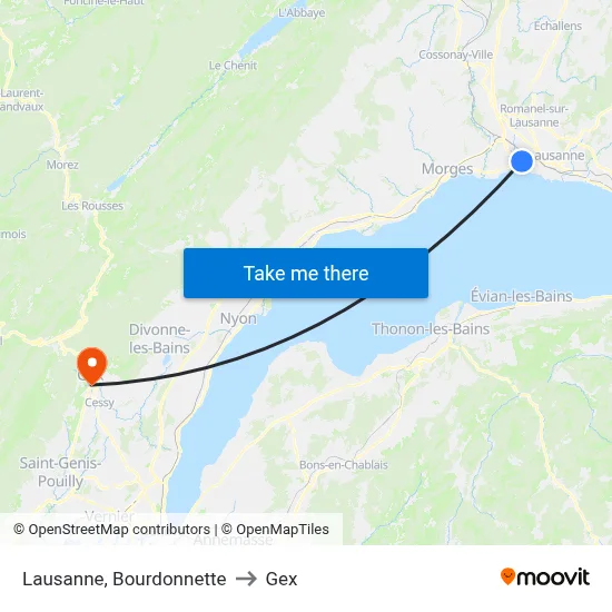 Lausanne, Bourdonnette to Gex map