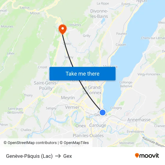 Genève-Pâquis (Lac) to Gex map