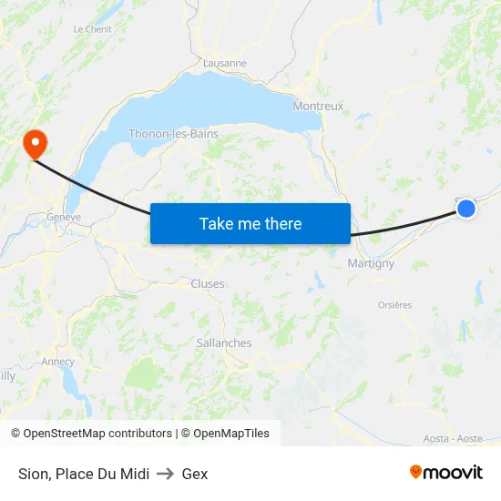 Sion, Place Du Midi to Gex map