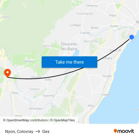 Nyon, Colovray to Gex map