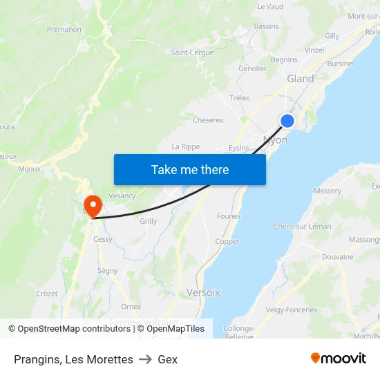 Prangins, Les Morettes to Gex map