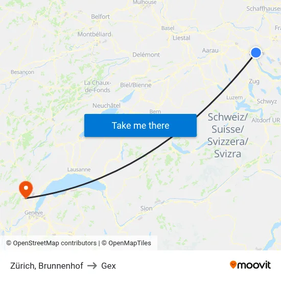 Zürich, Brunnenhof to Gex map